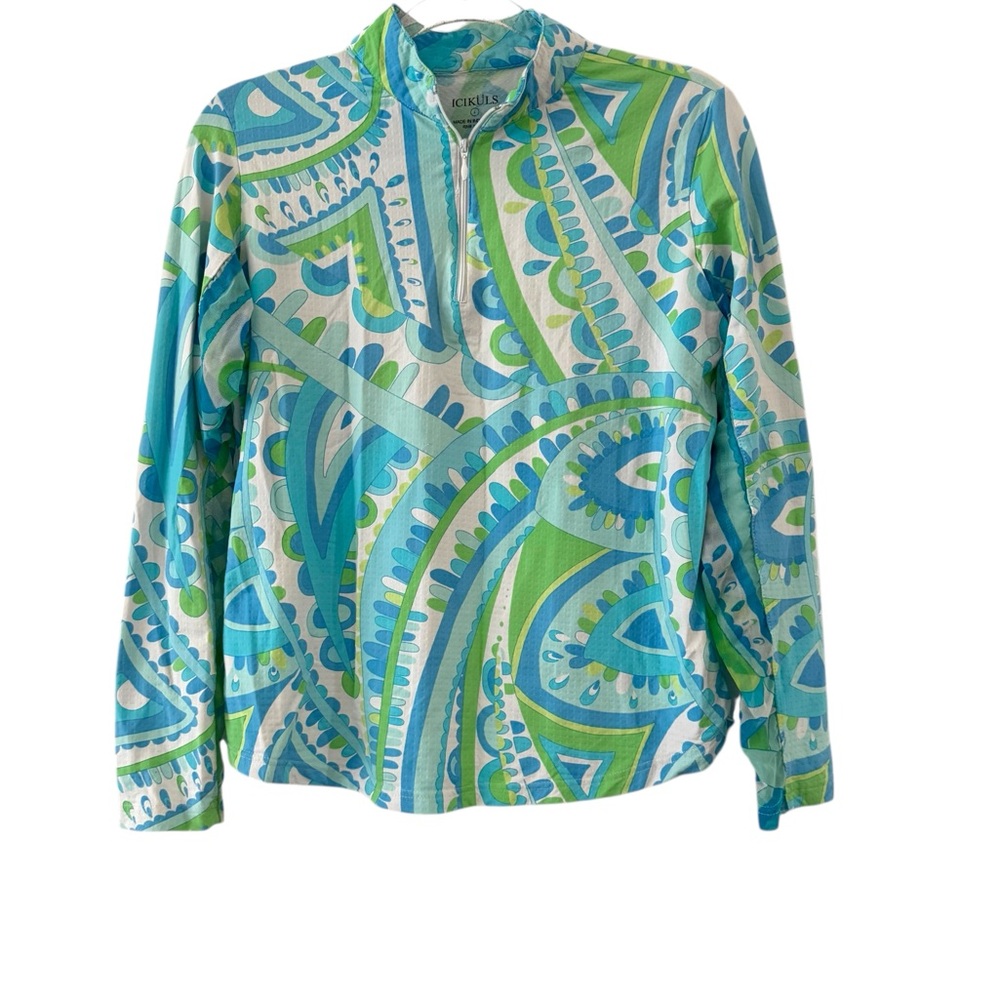 Icikuls Serena Multi Blue Long Sleeve Top Golf Tennis Mesh Size L